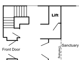 Plan for the new kitchen and lift, upstairs